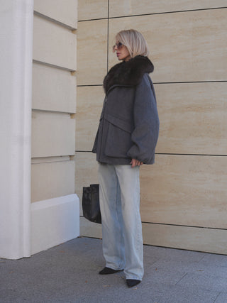 Rimini Genuine Fur Trim Wool Blend Parka in Graphite