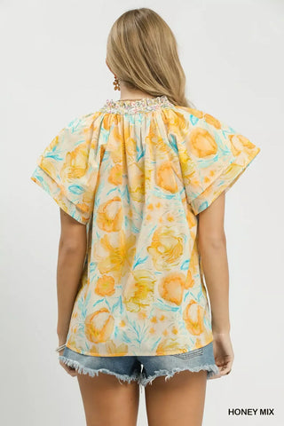 Umgee Mix Floral Print Blouse with Crochet Lace Trim - Glamourous Grace