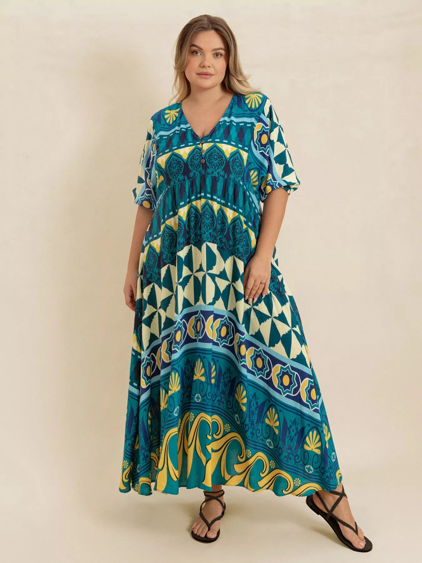 Plus Size Printed V-Neck Half Sleeve Midi Dress - Glamourous Grace