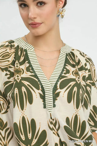 Umgee Mix Printed Puff Sleeve Top with Contrast Trim - Glamourous Grace