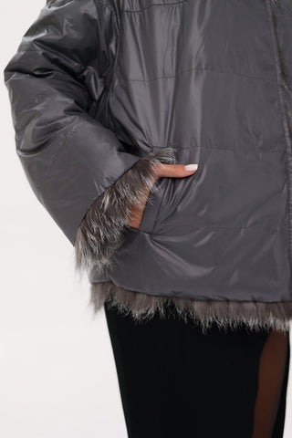 Reversible Genuine Silver Fox  Down Fill Coat in Grey