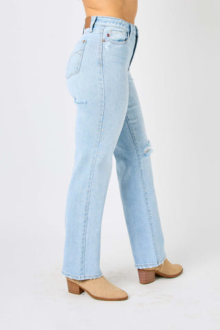 Judy Blue High Waisted Distressed Straight Leg Blue Denim Jeans