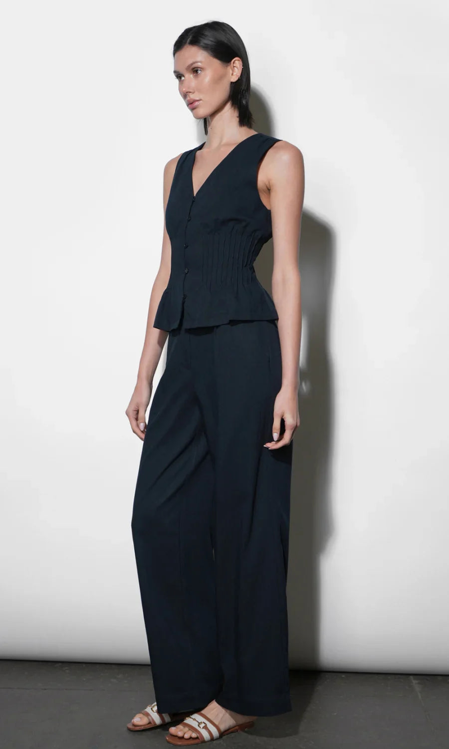 Lily Pintuck Navy Sleeveless Top - Glamourous Grace