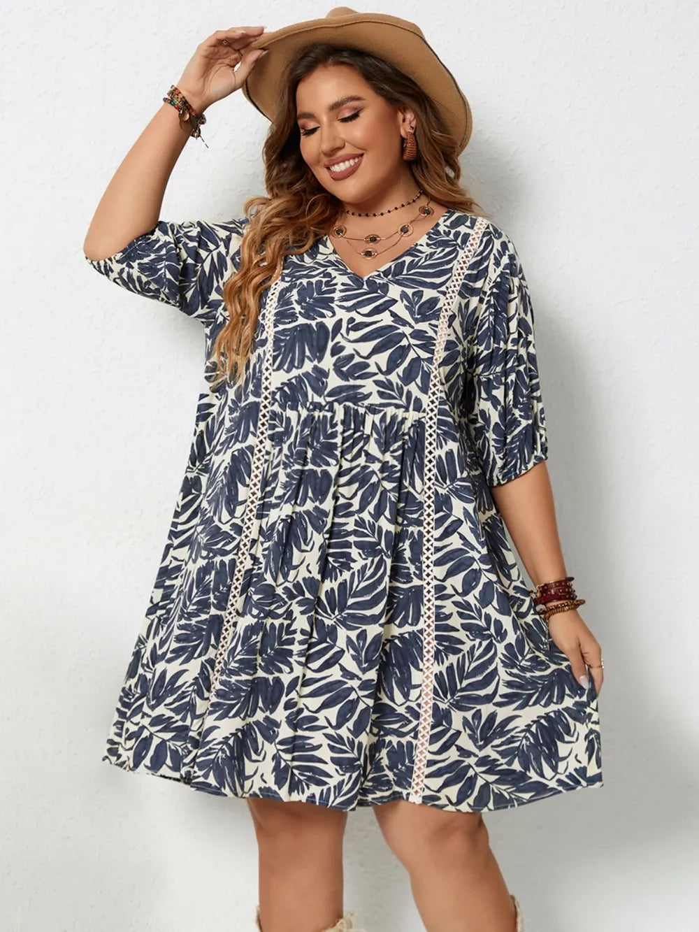 Plus Size Printed V-Neck Half Sleeve Mini Dress - Glamourous Grace