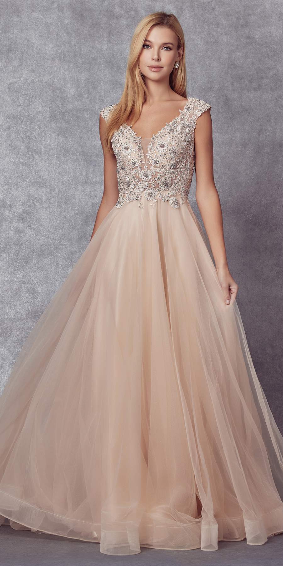 Juliet 684 Cap Sleeved Long Formal Dress with Appliques - Glamourous Grace