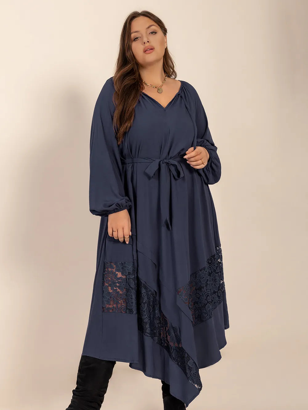 Plus Size Lace Detail Tie Neck Long Sleeve Midi Dress - Glamourous Grace