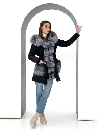 Roma Genuine Silver Fox Fur Rabbit Fur Insulated Parka in Black
