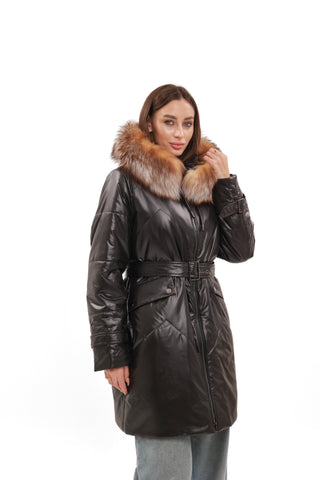 Genuine Fox Fur Trim Mid Length Coat