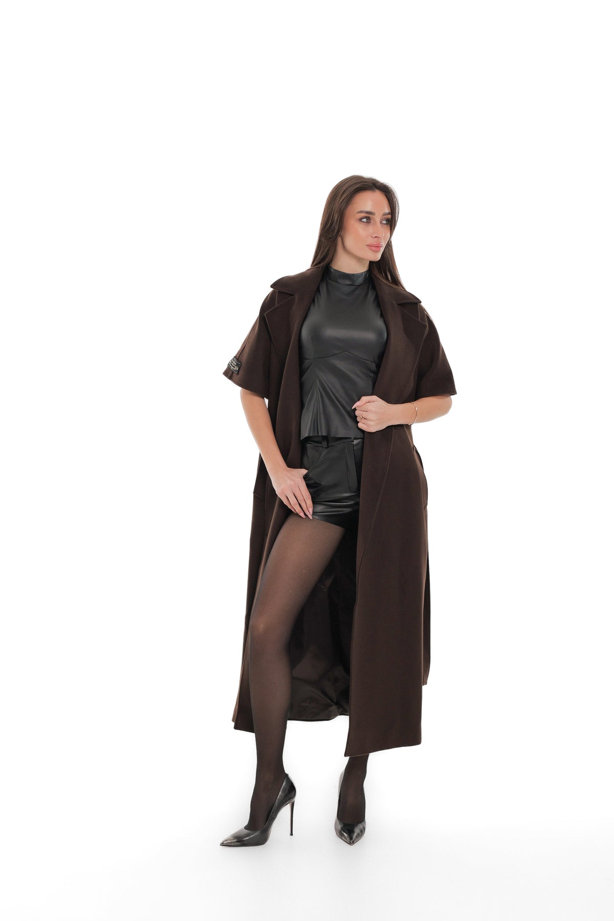 Evelyn Structured Short-Sleeve Coat in Chocolate