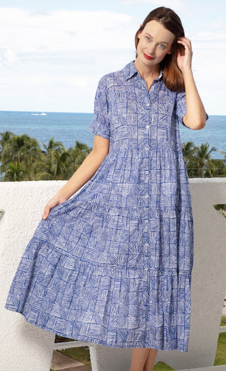 Palm Desert Long Dress, Cotton Voile Navy White Criss Cross Little Boxes - Glamourous Grace