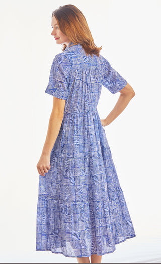 Palm Desert Long Dress, Cotton Voile Navy White Criss Cross Little Boxes - Glamourous Grace