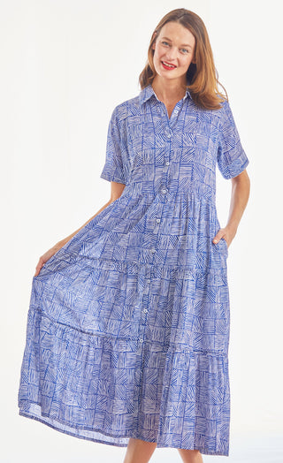 Palm Desert Long Dress, Cotton Voile Navy White Criss Cross Little Boxes - Glamourous Grace