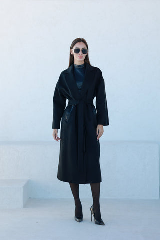 Logan Leather Trim Cashmere Blend Overcoat in Black
