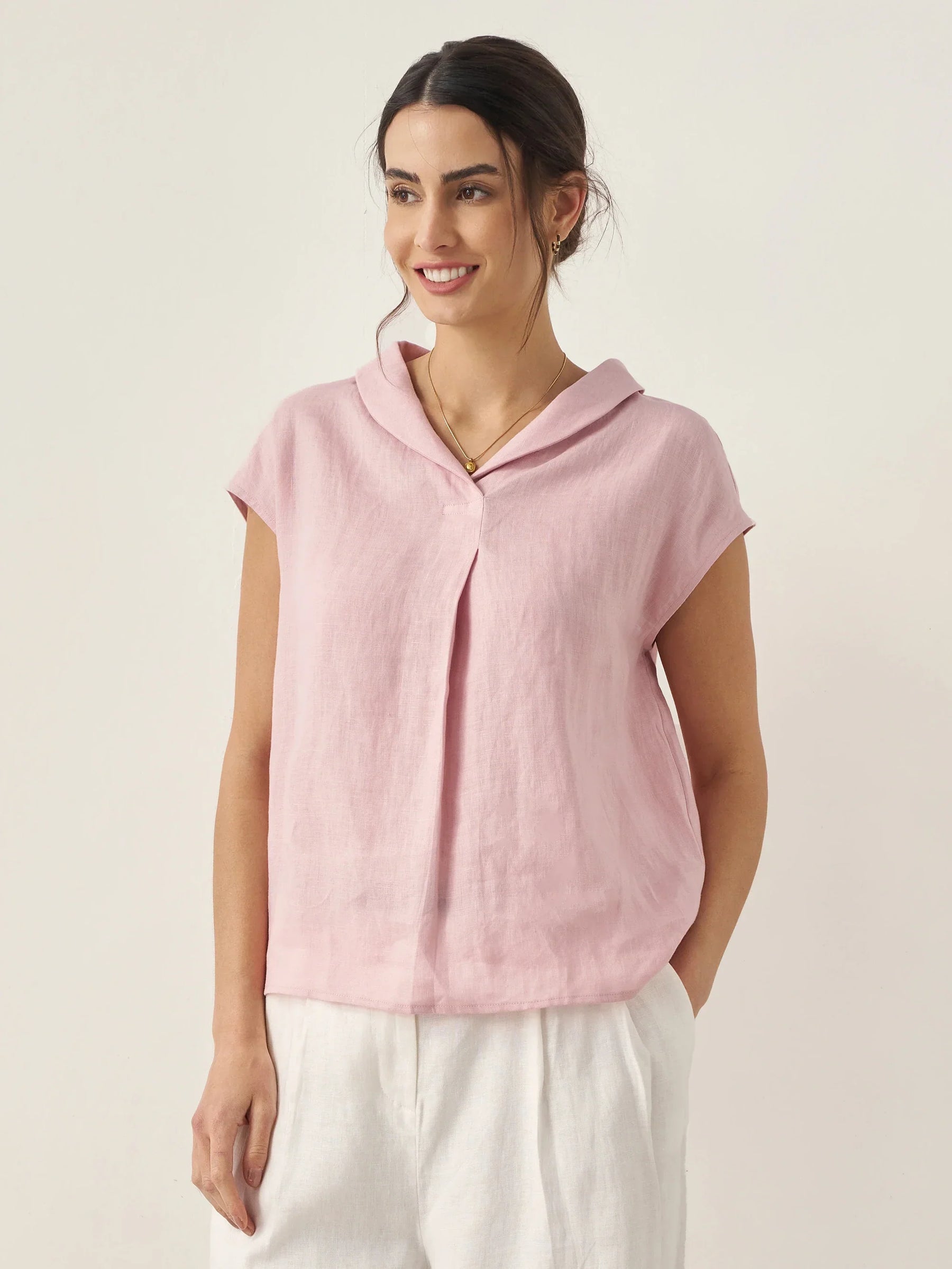 100% Linen Shawl V-Neck Cap Sleeves Top ELARA - Glamourous Grace