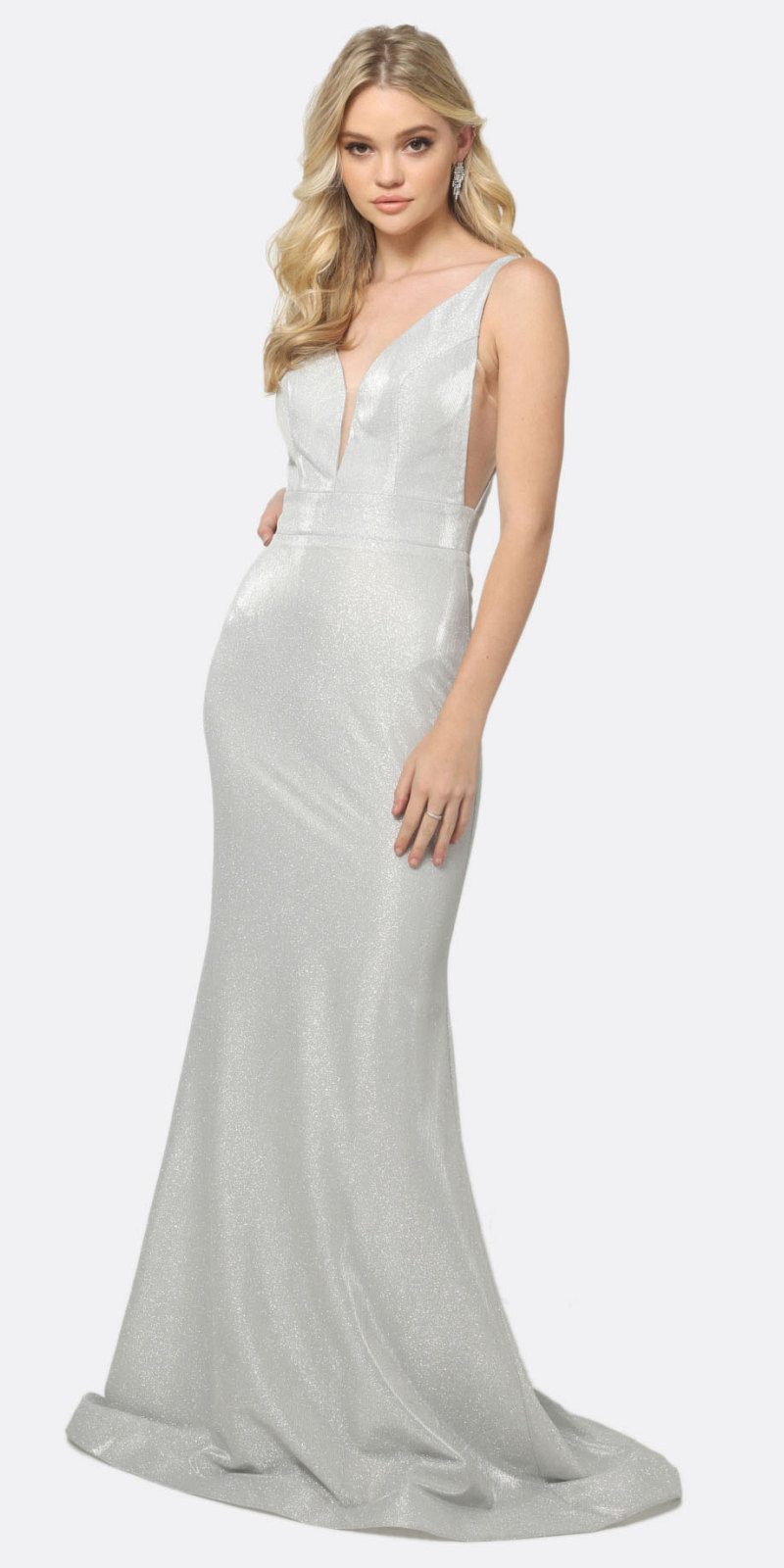 Juliet 695 Glitter Sheath Dress Floor Length Deep-V Neckline - Glamourous Grace