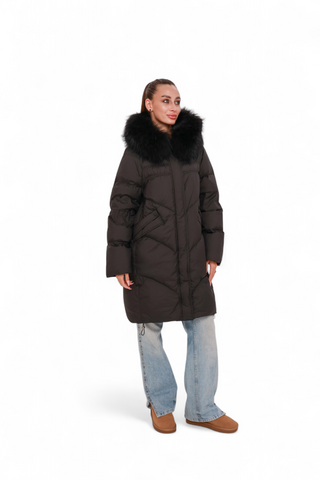 Nellie Genuine Fur Trim Down Fill Coat in Black