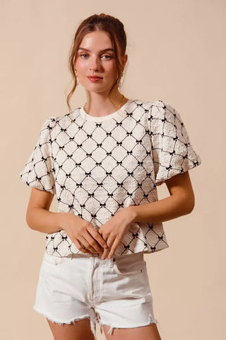 SO ME Bow Texture Woven Bubble Sleeve Top - Glamourous Grace