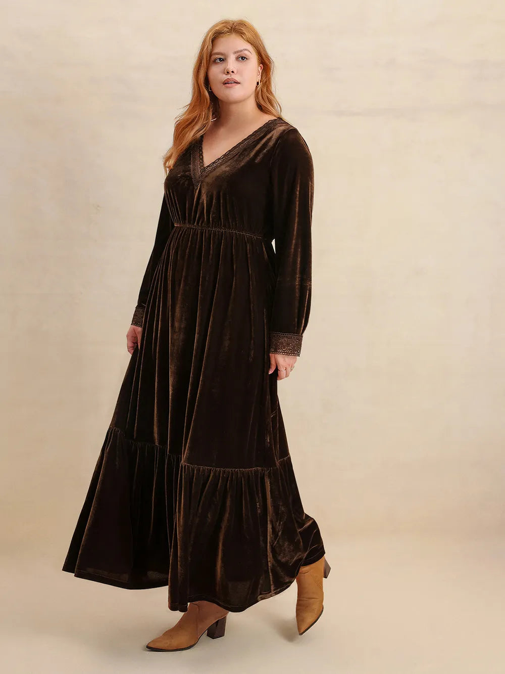 Plus Size Lace Detail V-Neck Long Sleeve Midi Dress - Glamourous Grace