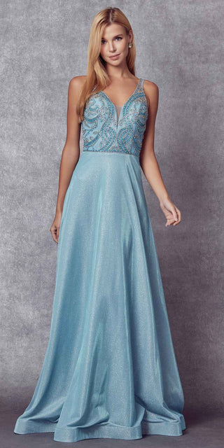 Juliet 699 Metallic Glitter Dress Embellished Bodice V-Neck Sleeveless