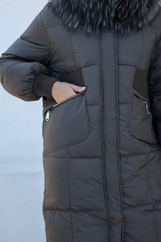 Lauren Genuine Fur Trim Down Fill Coat in Tobacco