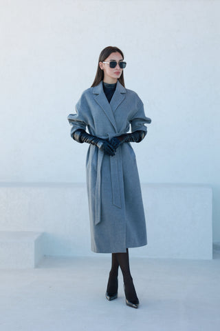 Logan Leather Trim Cashmere Blend Overcoat in Grey
