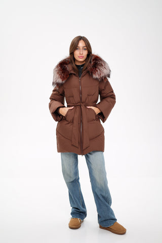 Tyler Genuine Silver Fox Down Coat in Chocolate