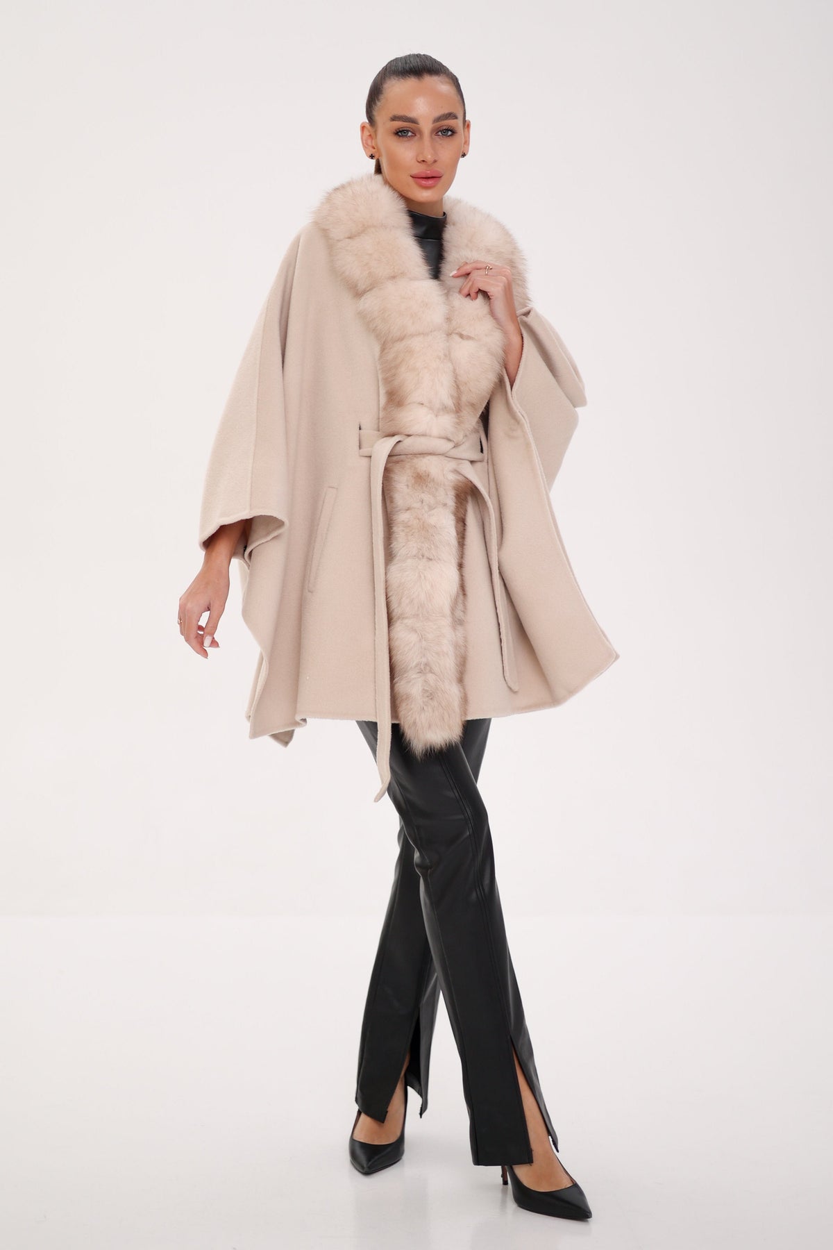 Genuine Polar Fox Double Face Wool Poncho Coat