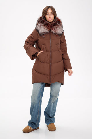 Tyler Genuine Silver Fox Down Coat in Chocolate