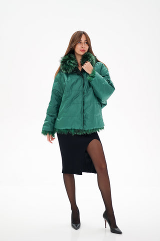 Reversible Genuine Silver Fox  Down Fill Coat in Emerald