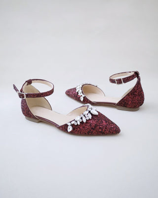 Pointy Toe Glitter Ankle Strap Flats with Teardrop Rhinestones