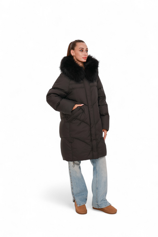 Nellie Genuine Fur Trim Down Fill Coat in Black