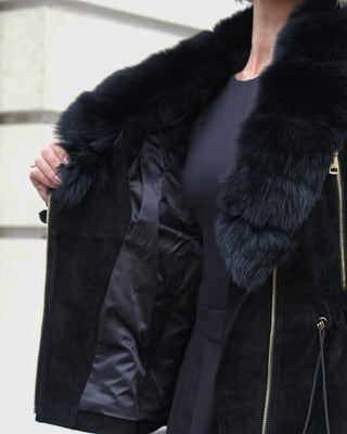 Vivienne Genuine Suede Polar Fox Trim Coat in Black