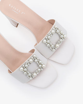 Satin Block Heels Slide Wedding Sandals with Pearlisse Buckle