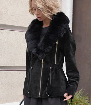Vivienne Genuine Suede Polar Fox Trim Coat in Black