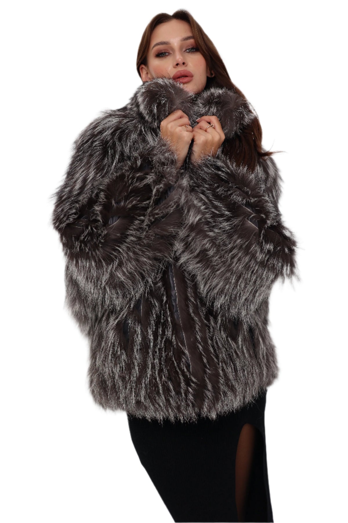 Reversible Genuine Silver Fox  Down Fill Coat in Grey