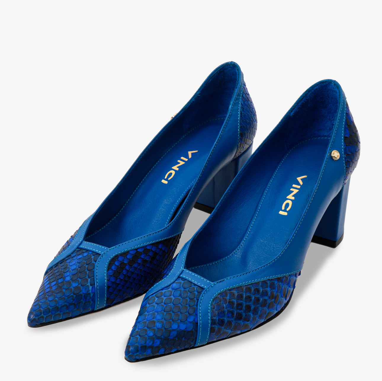 The Toskana Sax Blue Pythn Leather Block Heel Pump Women Shoe - Glamourous Grace
