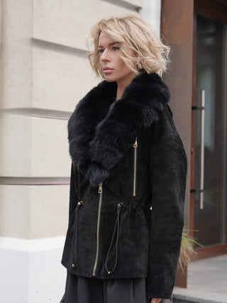 Vivienne Genuine Suede Polar Fox Trim Coat in Black