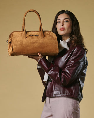 Chiara (cognac) - Italian calf suede women's handbag (with shoulder strap) - Glamourous Grace