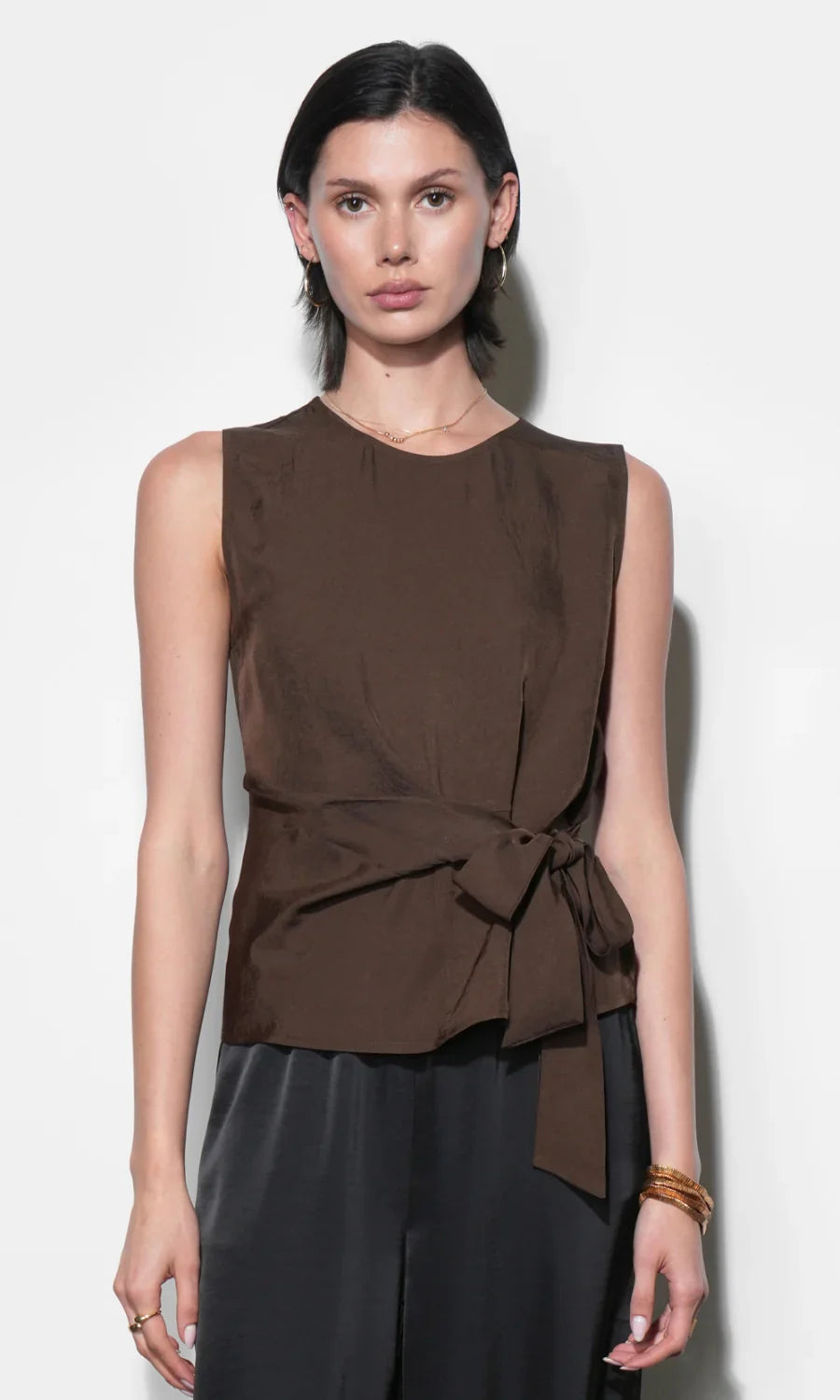 Lola Brown Sleeveless Side Tie Blouse