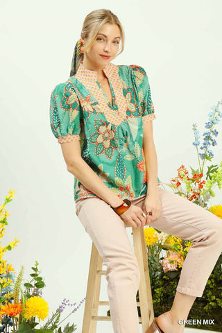 Umgee Mixed Abstract Print Puff Sleeve Blouse in Green - Glamourous Grace