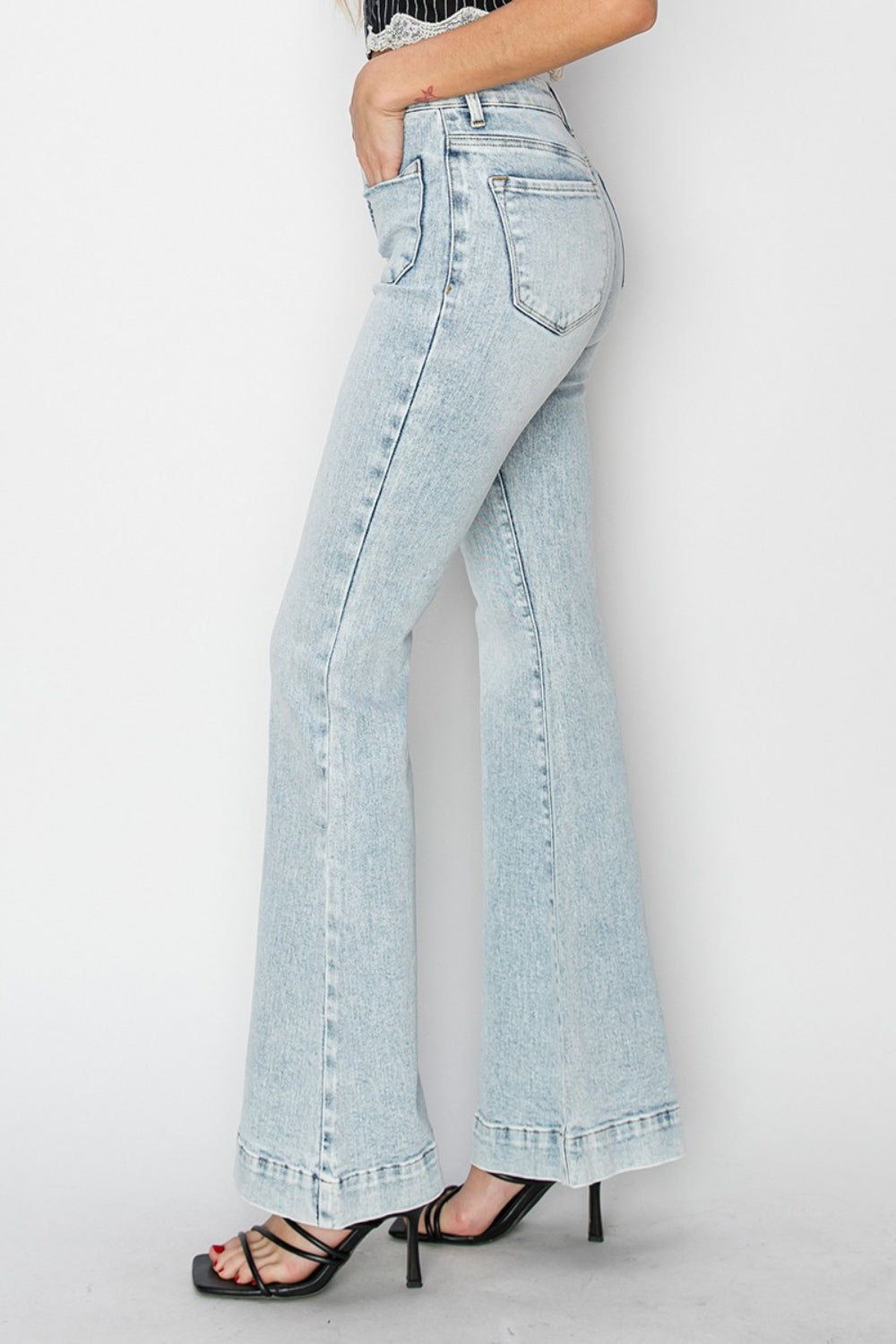 Risen Patch Pocket Flared Leg Light Blue Washed Denim Jeans