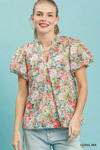 Umgee Floral Puff Sleeve Blouse in Coral - Glamourous Grace