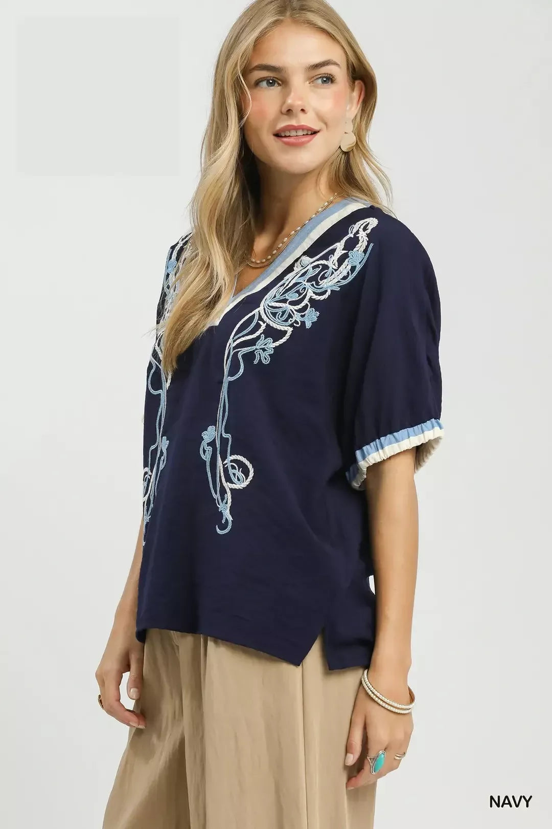 Umgee Embroidered Floral V-Neck Short Sleeve Blouse with Contrast Trim - Glamourous Grace