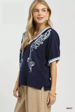 Umgee Embroidered Floral V-Neck Short Sleeve Blouse with Contrast Trim - Glamourous Grace
