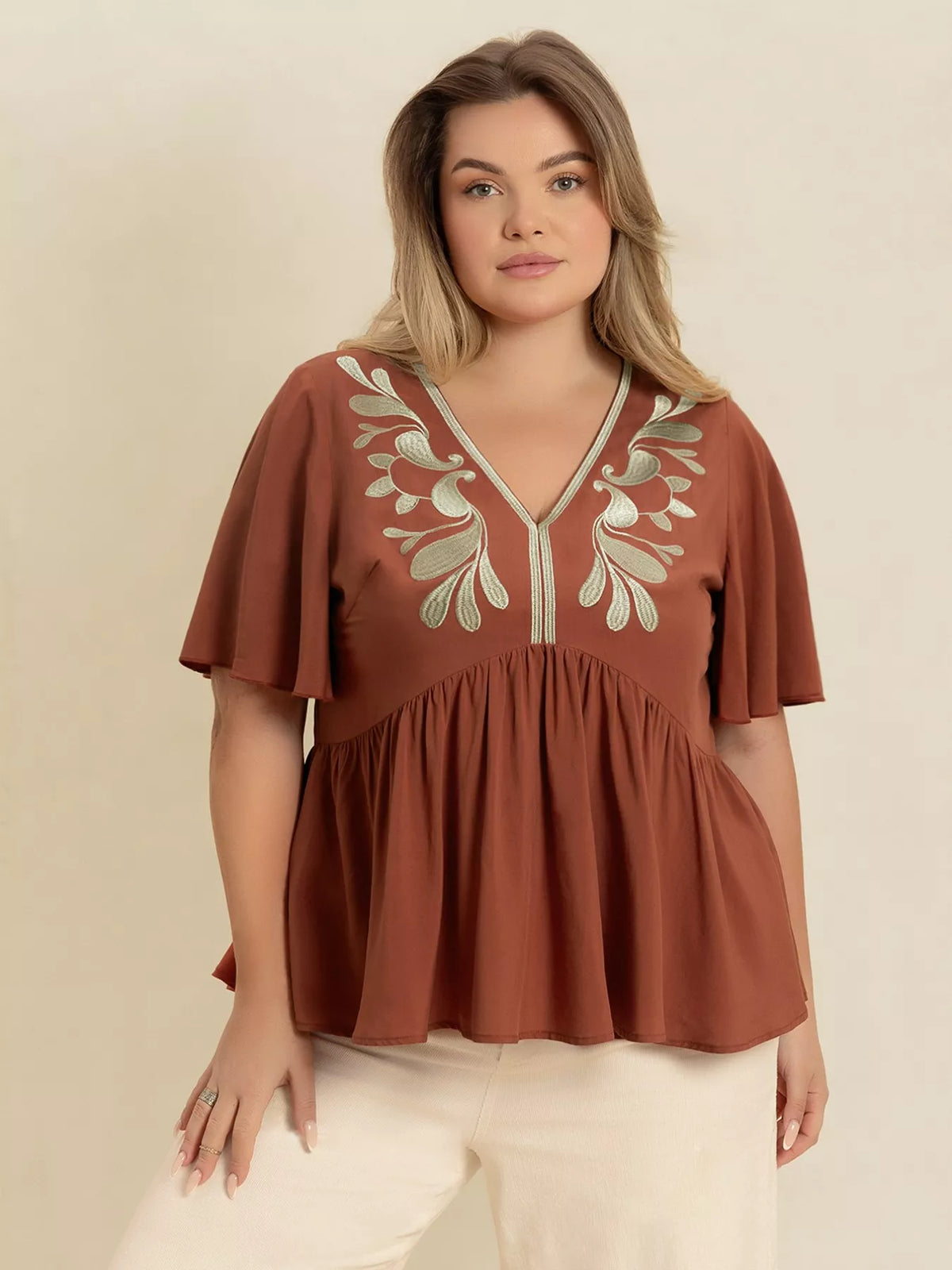 Plus Size Embroidered V-Neck Flutter Sleeve Blouse - Glamourous Grace