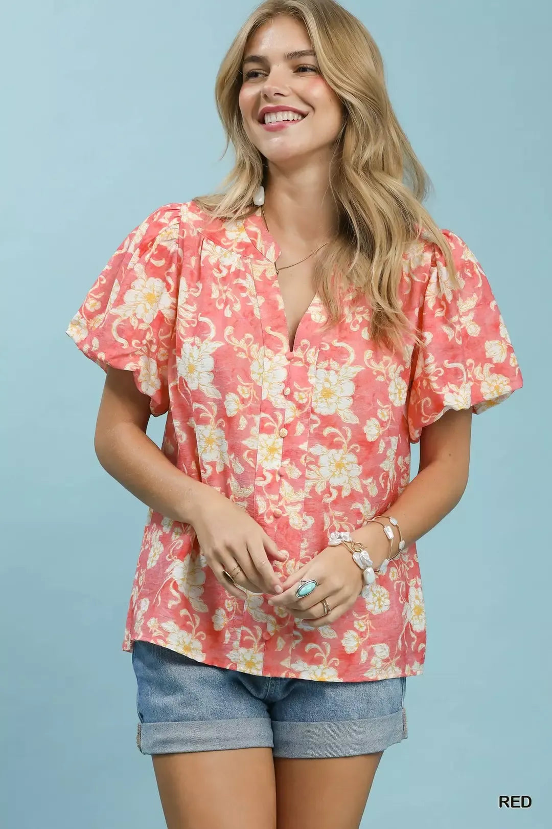 Umgee Floral Button-Front Short Sleeve Shirt - Glamourous Grace