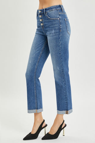 RISEN Button Fly Flared Leg Blue Denim Cropped Jeans