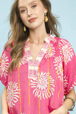 Umgee Floral Border Smocked V-Neck Boho Blouse - Glamourous Grace