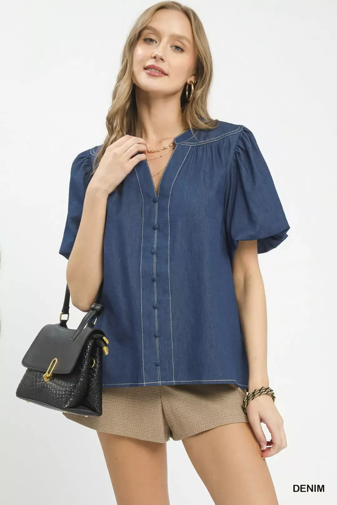 Umgee Denim Button Front Puff Sleeve Boho Blouse - Glamourous Grace