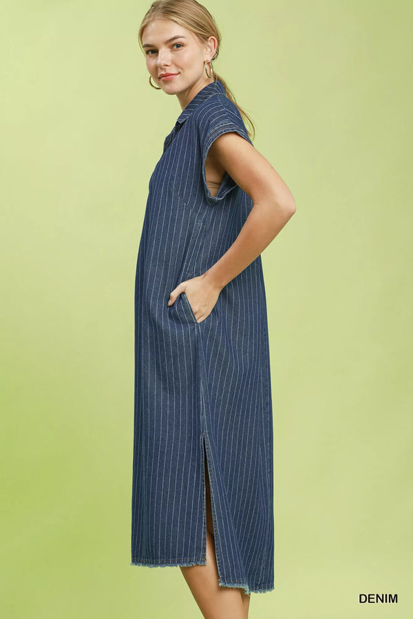 Umgee Pinstripe Denim Collared Midi Dress with Side Slits - Glamourous Grace